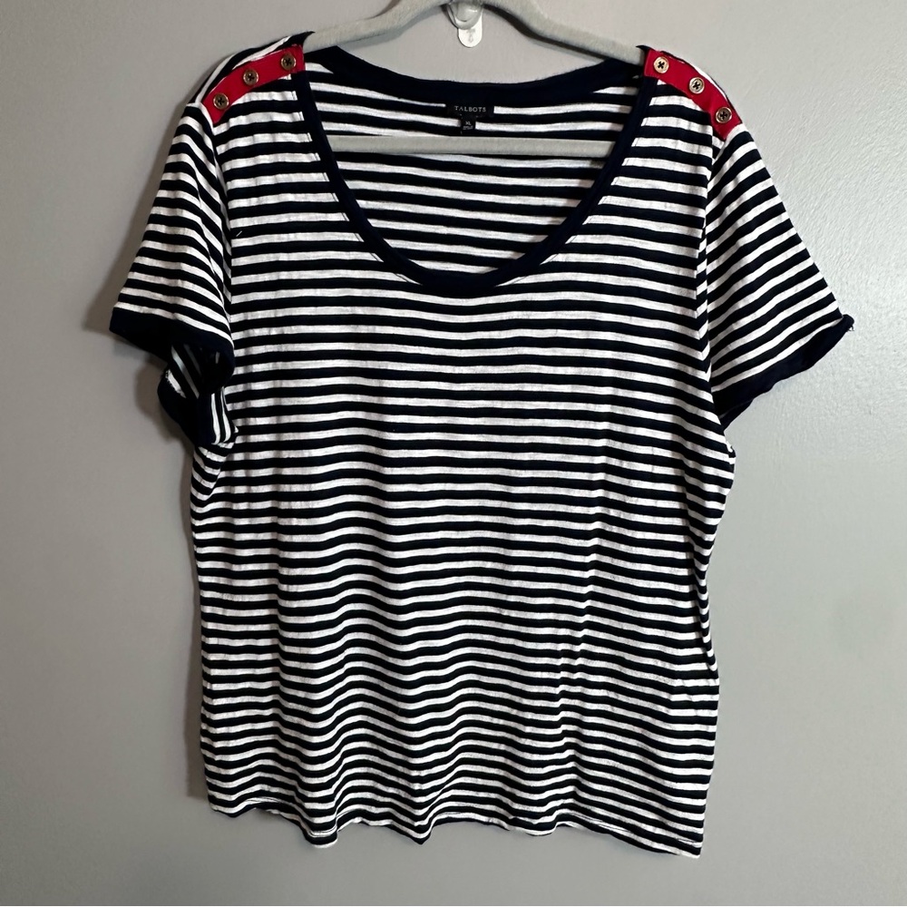Talbots Womens XL Navy White Striped Nautical Button Shoulder Top